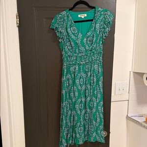 Boden Teal and White Patterned Midi Dress
